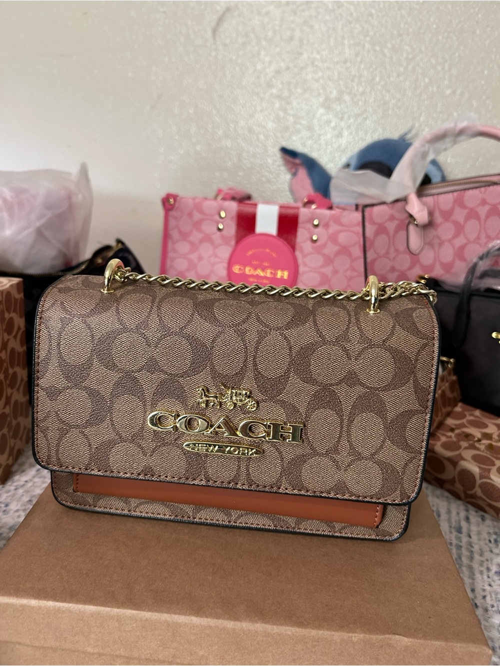 Coach Brown Signature Chain Shoulder Bag with Tan Trim